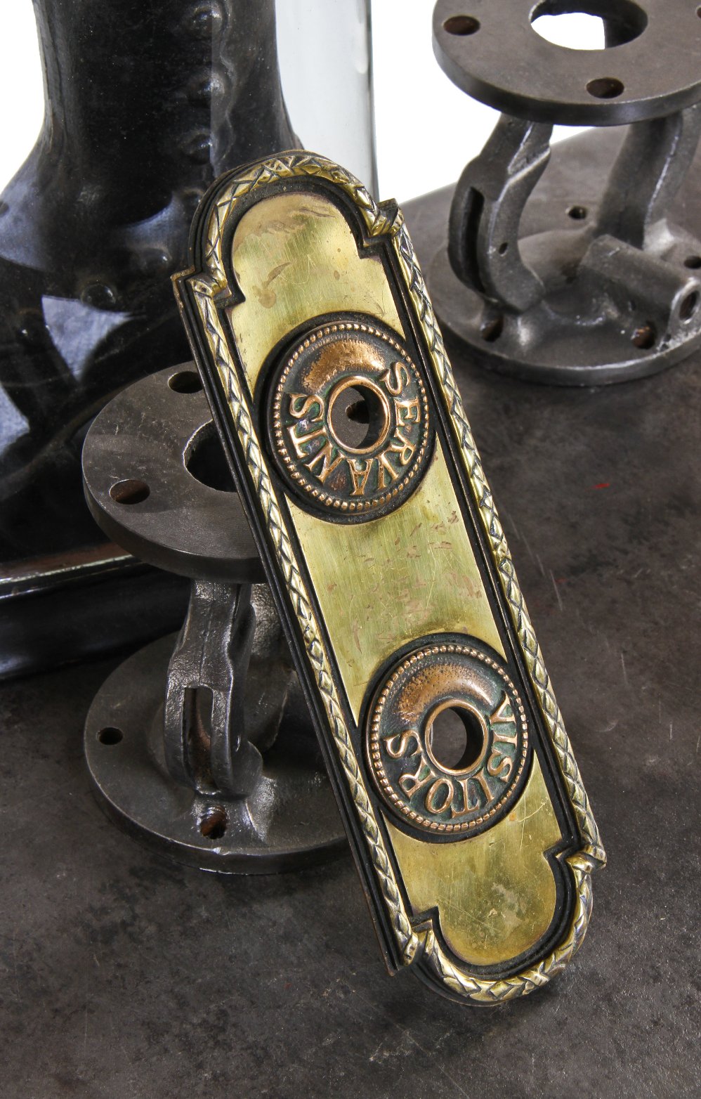unique early 20th century original ornamental bronze and brass "servants" and "visitors" annunciator call button backplate