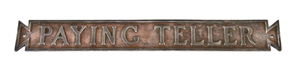 original early 20th century oversized single-sided copper-plated cast iron interior chicago bank building "paying teller" plaque