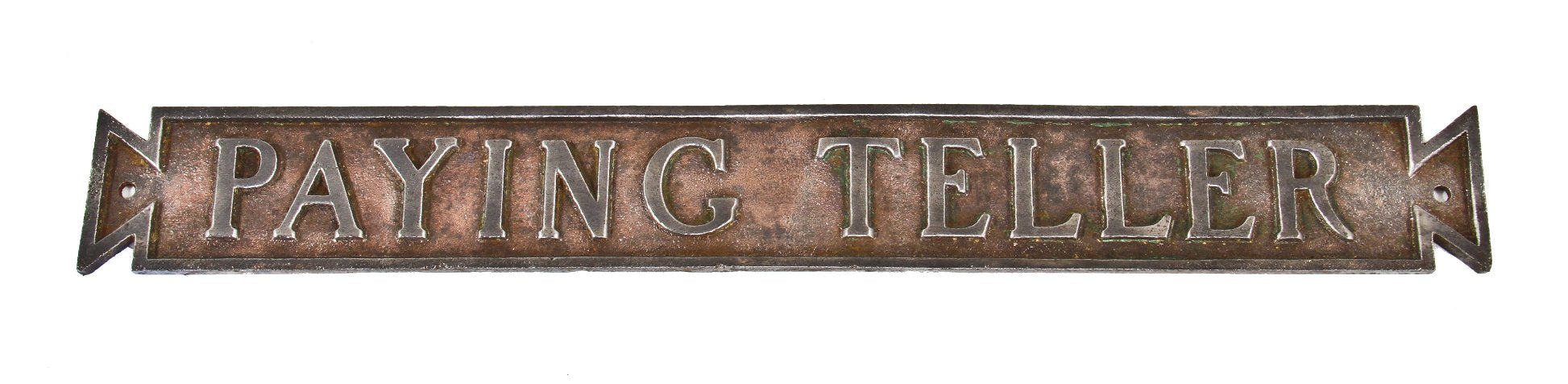 original early 20th century oversized single-sided copper-plated cast iron interior chicago bank building "paying teller" plaque