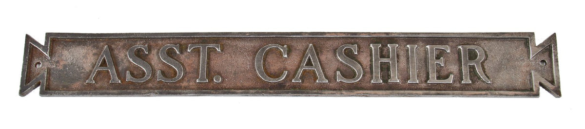 early 1900's original single-sided flush mount copper-plated cast iron chicago bank building "asst. cashier" teller cage sign or plaque