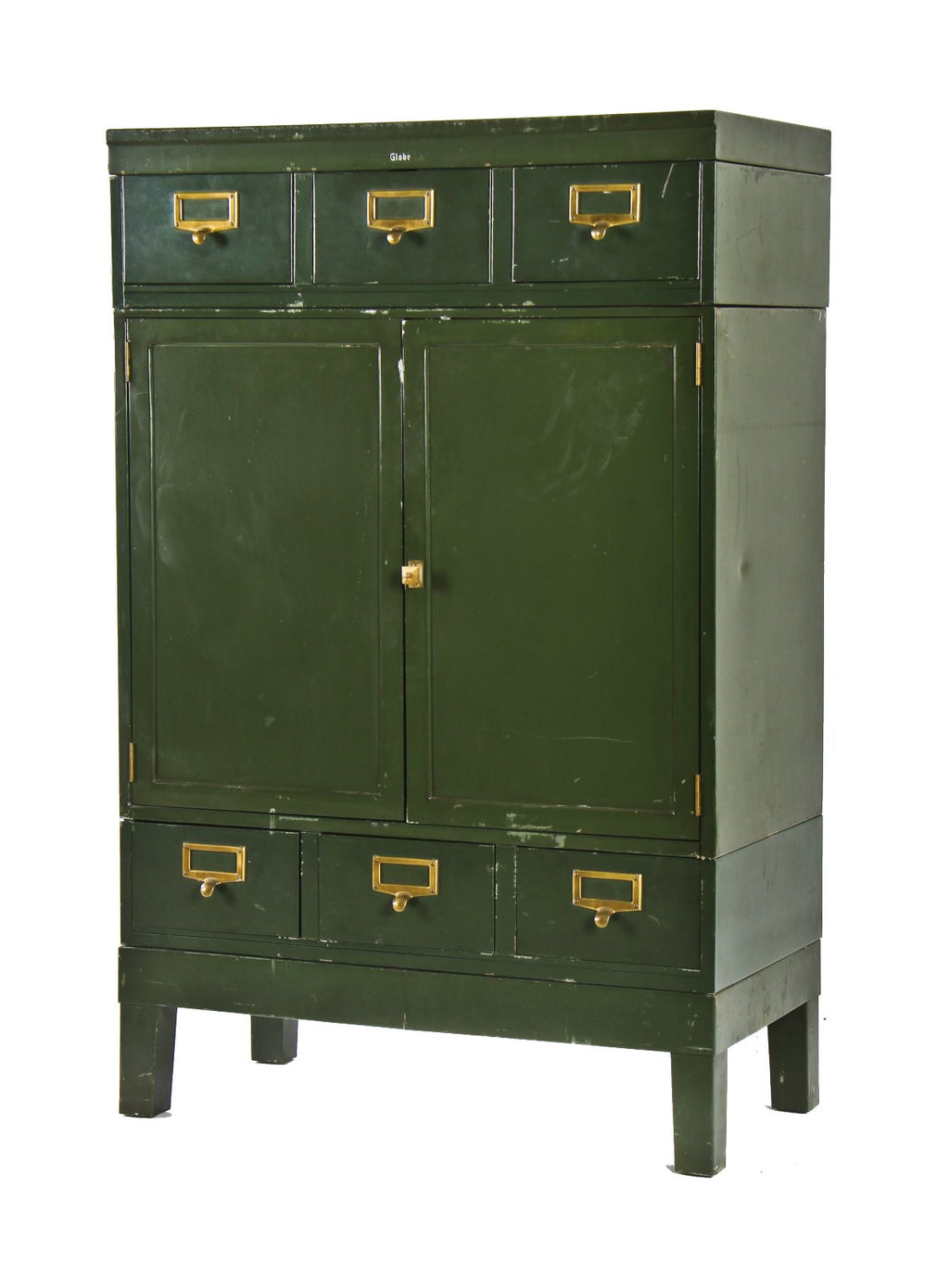 c. 1920's american globe wernicke "fireproof" reinforced compartmentalized steel cabinet with original green enameled finish