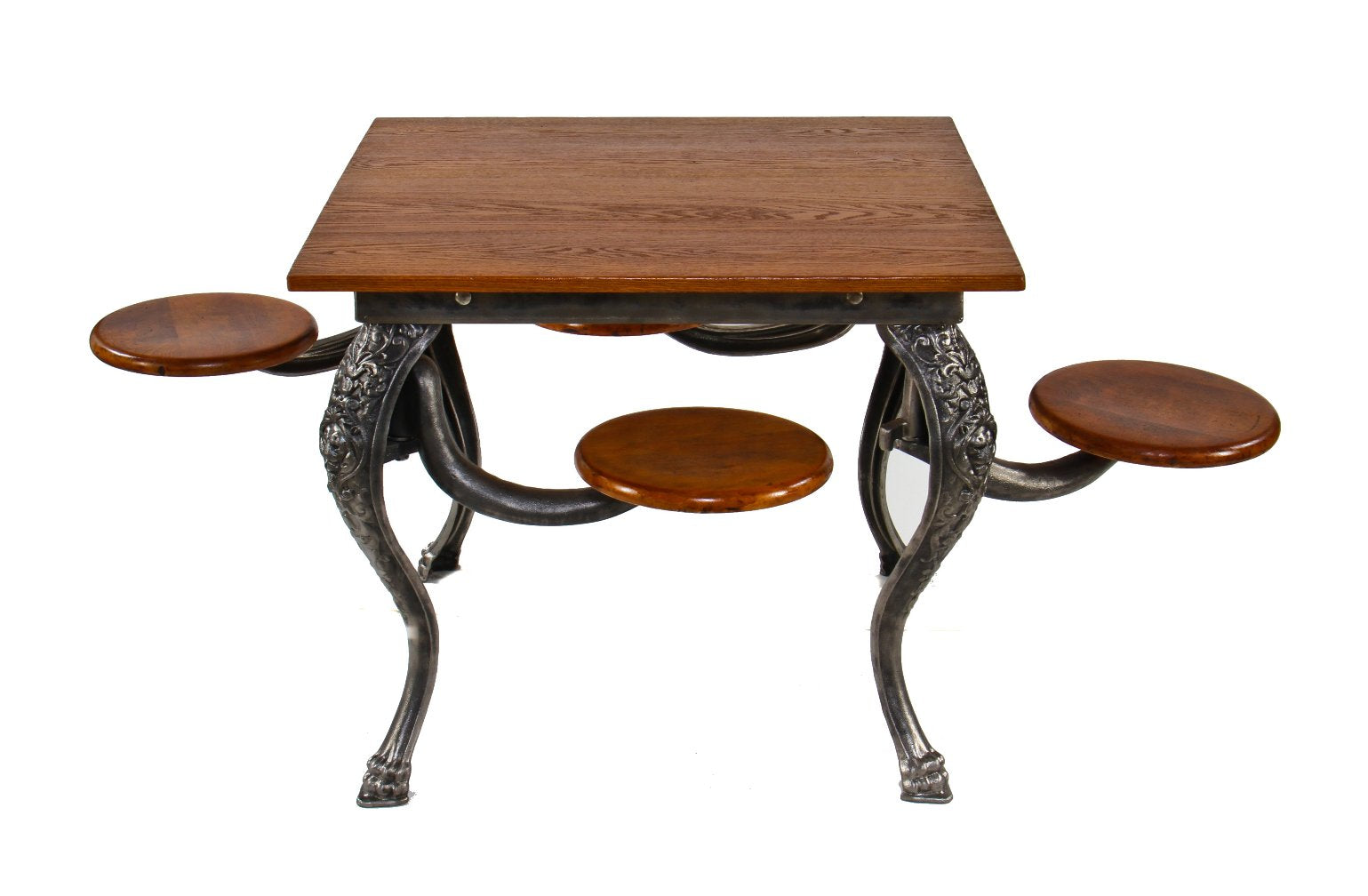 original early 20th century fort dearborn hotel coffee shop ornamental cast iron stationary swing-out seat table with newly added oak tabletop