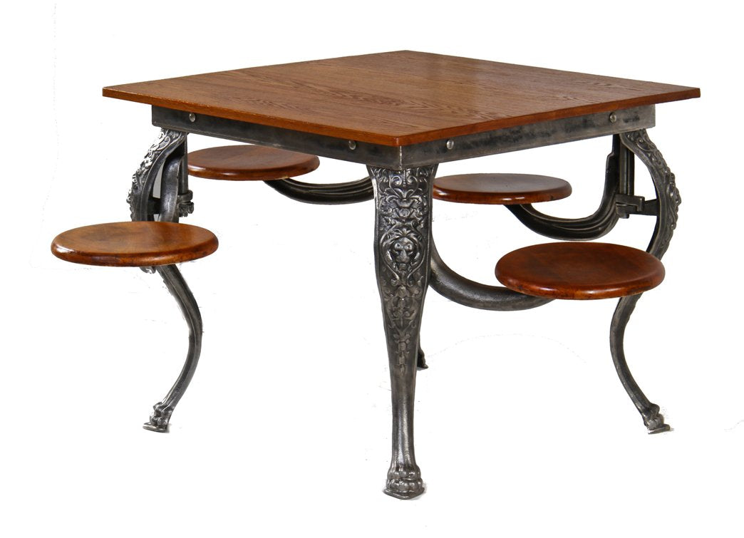 original early 20th century fort dearborn hotel coffee shop ornamental cast iron stationary swing-out seat table with newly added oak tabletop