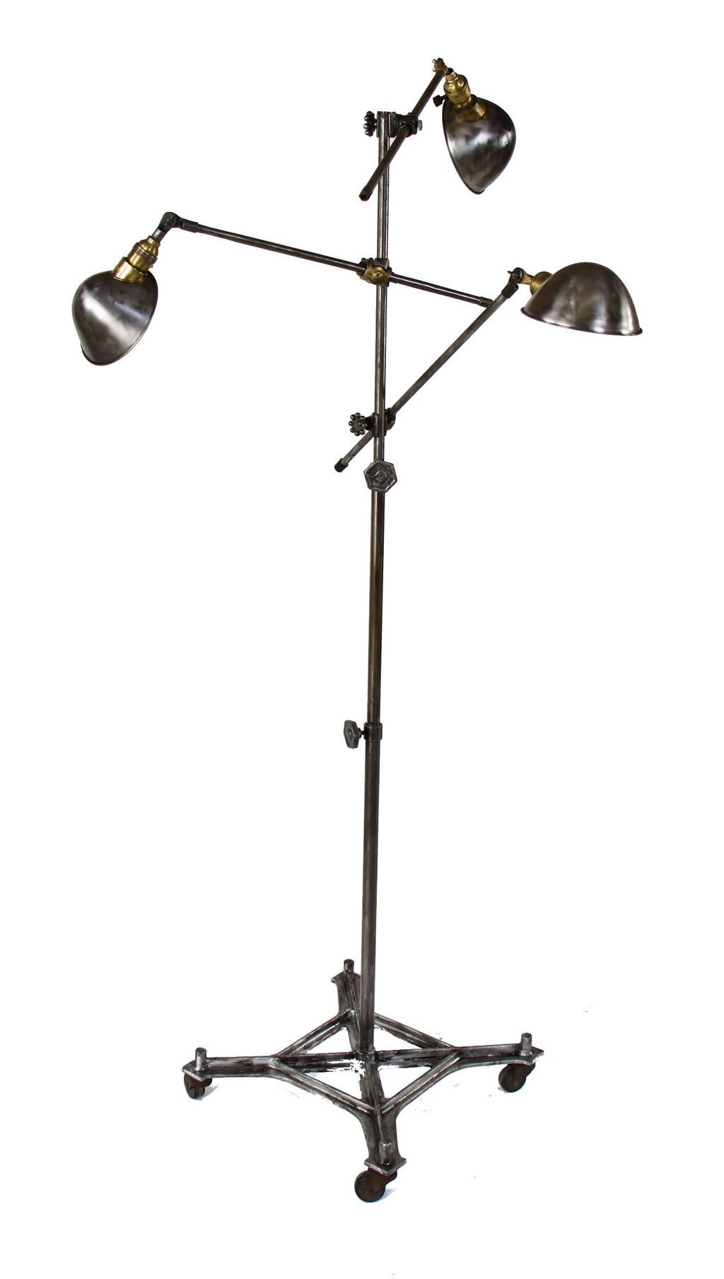 repurposed vintage american industrial triennale-esque fully adjustable three-arm o.c. white floor lamp with brushed metal parabolic-shades