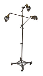 repurposed vintage american industrial triennale-esque fully adjustable three-arm o.c. white floor lamp with brushed metal parabolic-shades