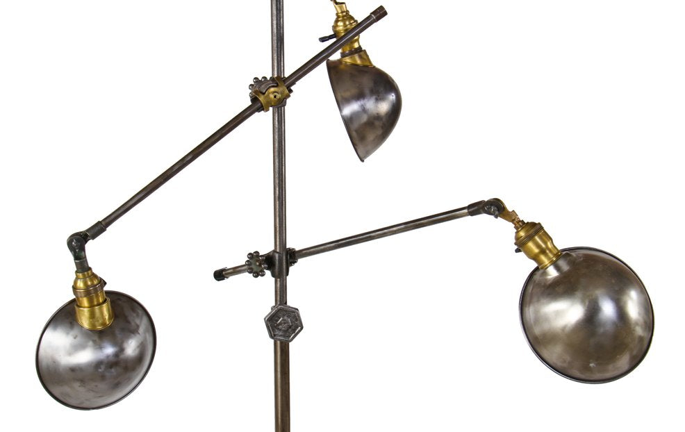 repurposed vintage american industrial triennale-esque fully adjustable three-arm o.c. white floor lamp with brushed metal parabolic-shades