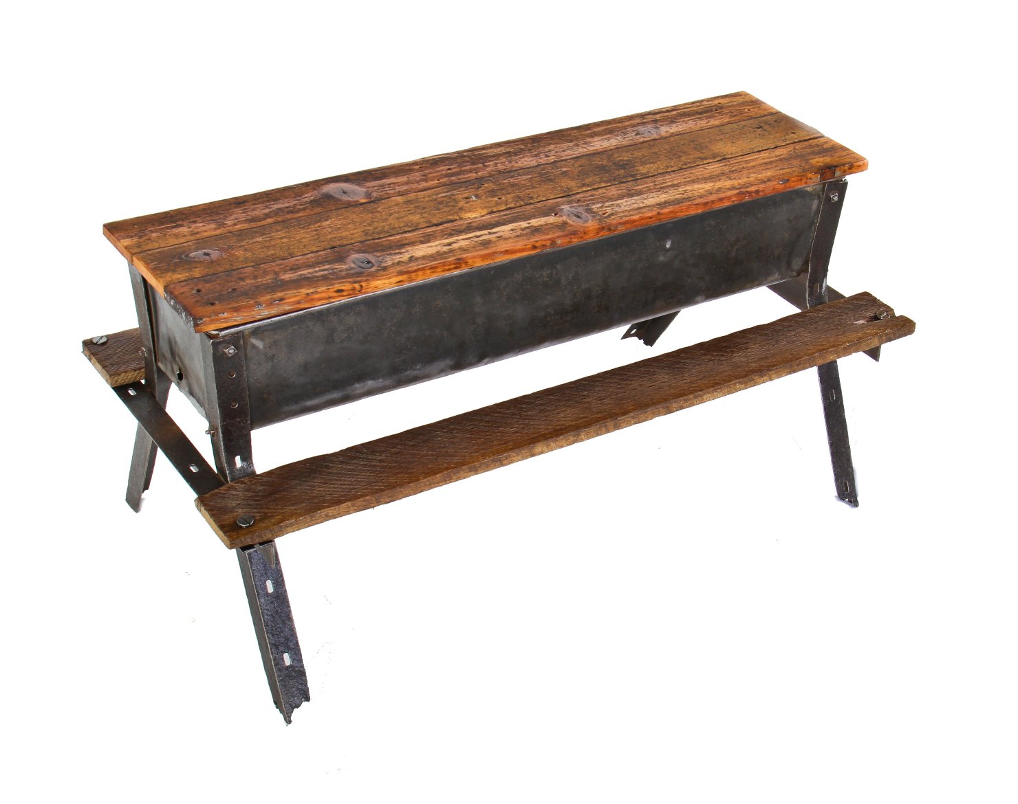 custom vintage c. 1930's depression era industrial stationary chicken or poultry feeder coffee table with four-legged angled steel base