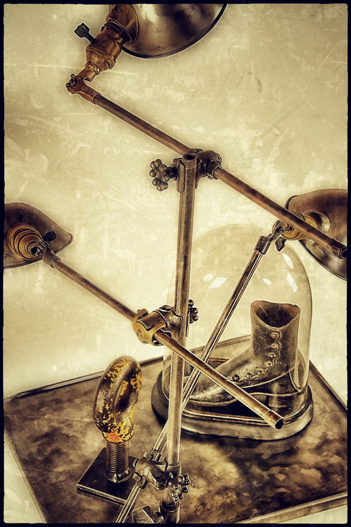 repurposed vintage american industrial triennale-esque fully adjustable three-arm o.c. white floor lamp with brushed metal parabolic-shades