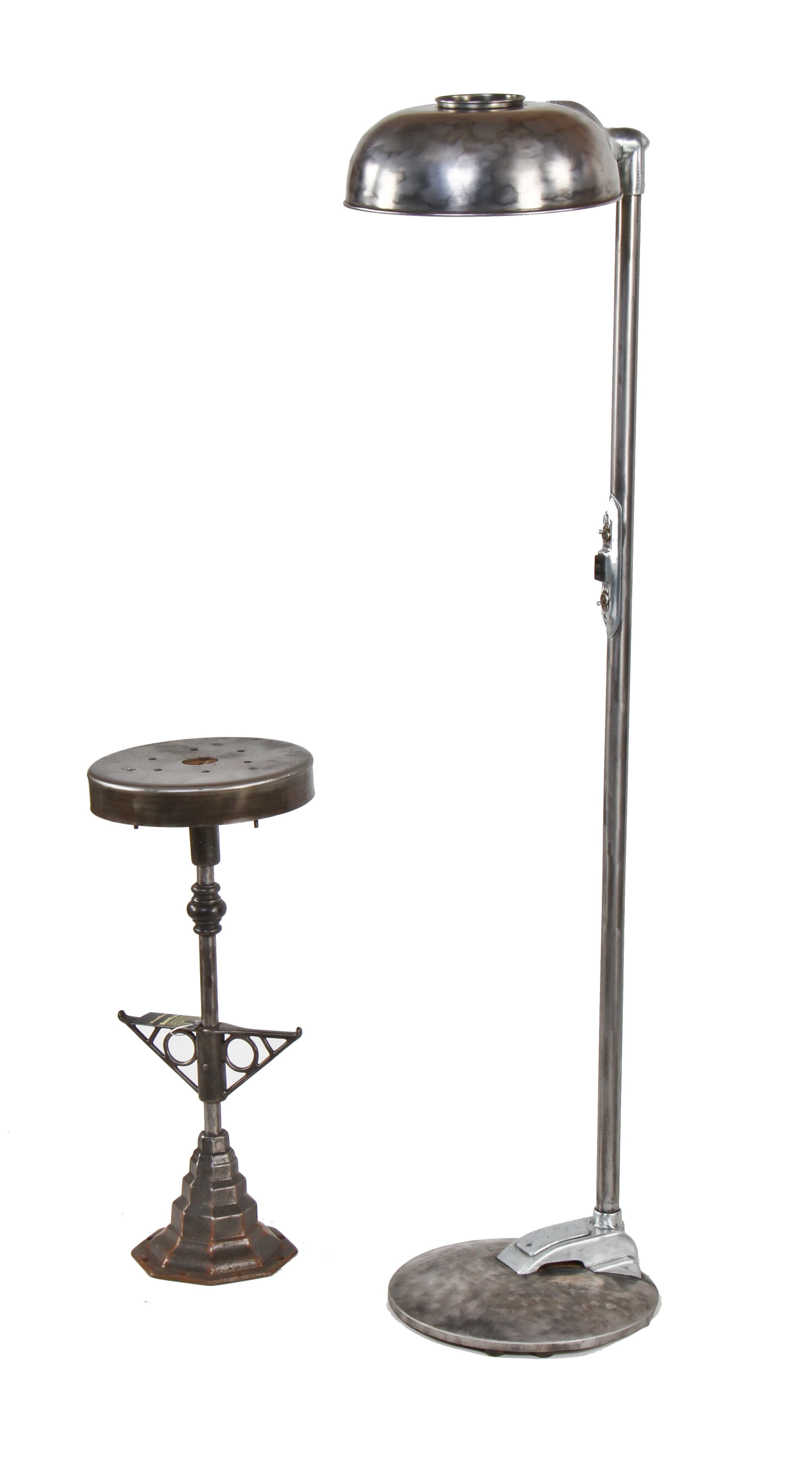 refinished c. 1940's vintage american medical freestanding brushed steel hospital examination floor lamp with swivel shade or reflector