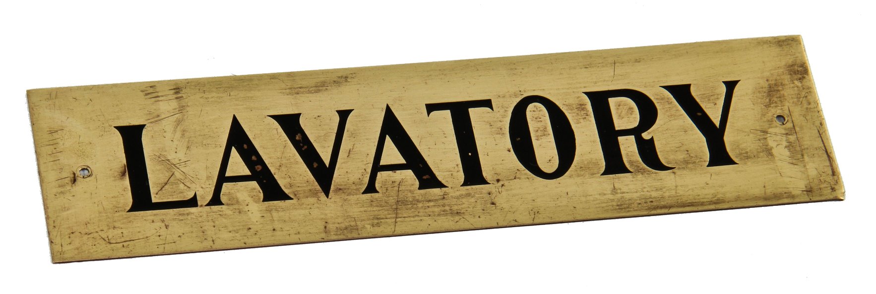 rare early 20th century original single-sided heavy die cut brass chicago athletic club building "lavatory" sign with fanciful engraved letters