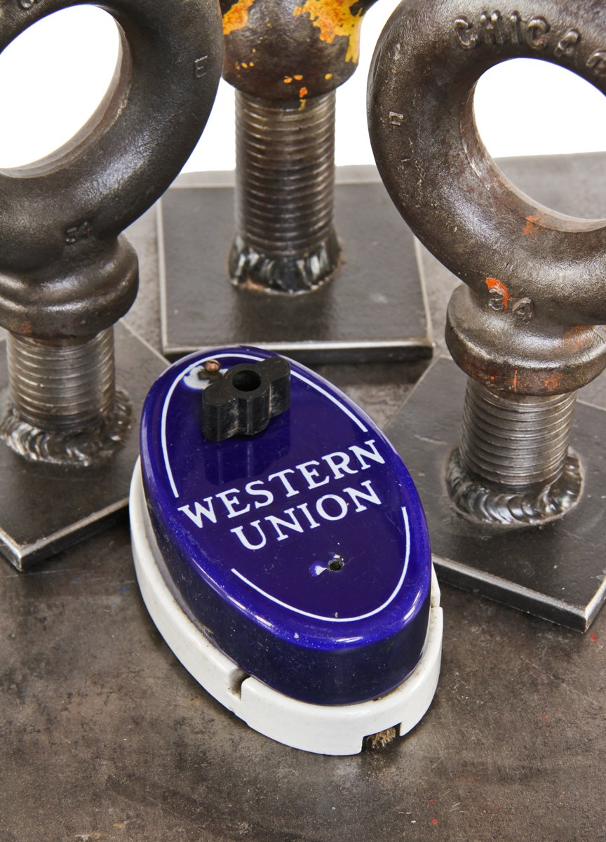 original early 20th century wall-mount cobalt blue porcelain enameled western union call box with black knob and white ceramic base