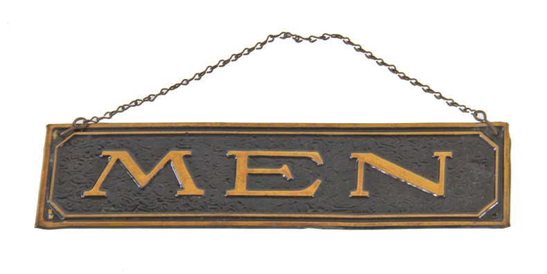 early 1920's original american single-sided stamped brass office lavatory bathroom door "men" sign" with hanging chain