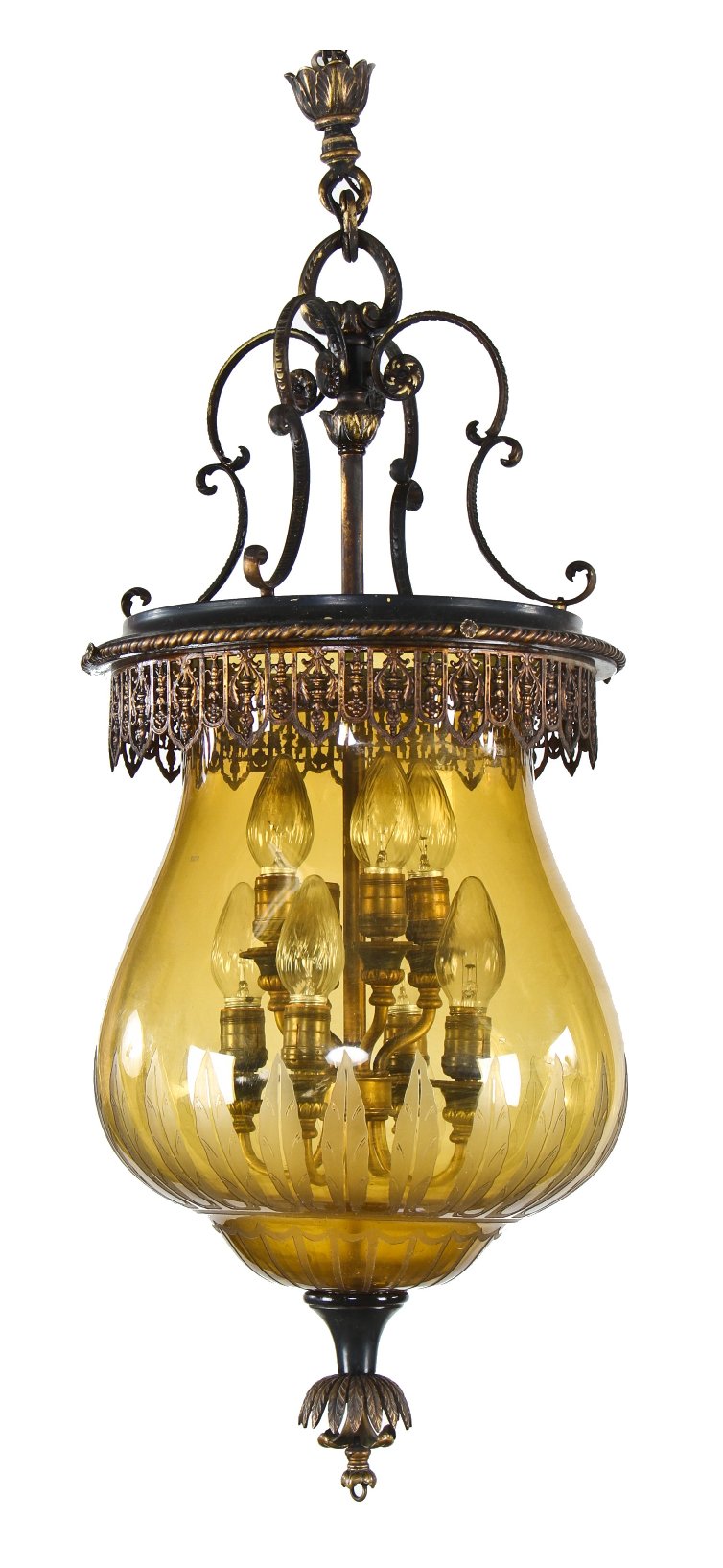 magnificent oversized c. 1930's american interior chicago athletic club billiard room ceiling fixture with wheel-cut amber glass shade