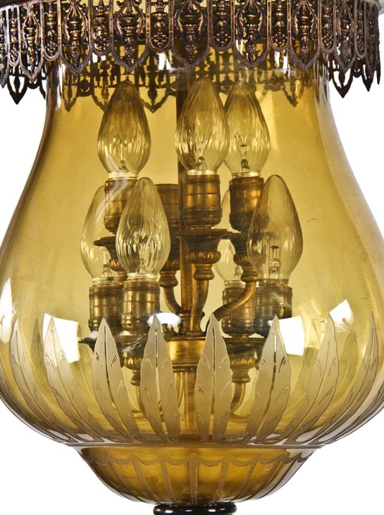 magnificent oversized c. 1930's american interior chicago athletic club billiard room ceiling fixture with wheel-cut amber glass shade