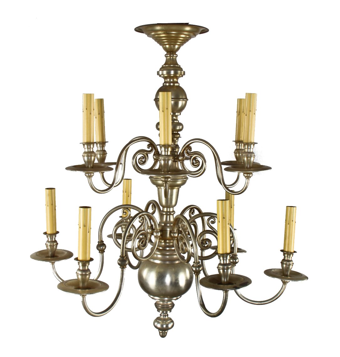 histrionically important 1920's original oversized two-tier neoclassical style chicago athletic association building silver-plated ceiling mount twelve arm ceiling mount chandelier
