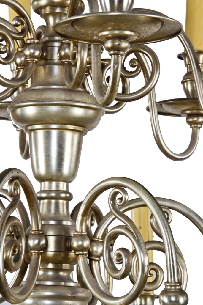 histrionically important 1920's original oversized two-tier neoclassical style chicago athletic association building silver-plated ceiling mount twelve arm ceiling mount chandelier