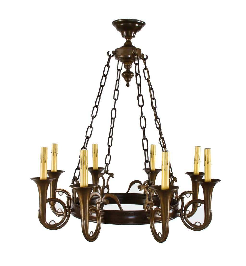 original late 1930's original heavy cast bronze chicago athletic club candelabra chandelier with uniquely designed "trumpet" style arms