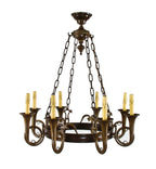 original late 1930's original heavy cast bronze chicago athletic club candelabra chandelier with uniquely designed "trumpet" style arms