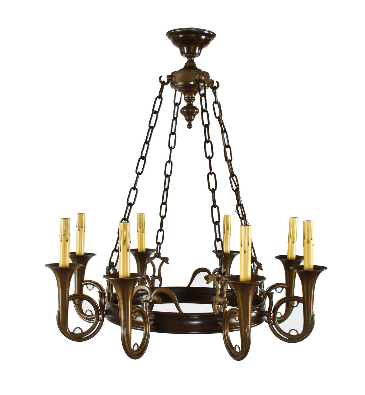 original late 1930's original heavy cast bronze chicago athletic club candelabra chandelier with uniquely designed "trumpet" style arms