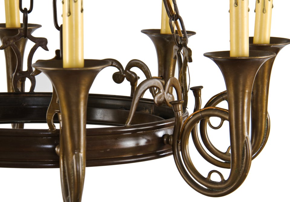 original late 1930's original heavy cast bronze chicago athletic club candelabra chandelier with uniquely designed "trumpet" style arms