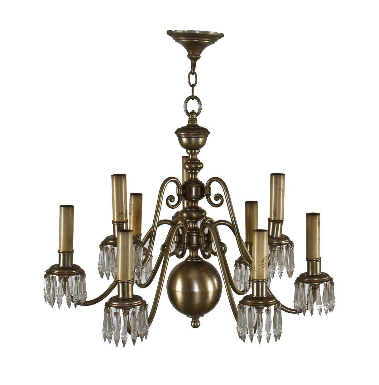 all original early 1920's american 8-arm silver-plated brass metal chicago athletic club annex building chandelier with spearhead crystals