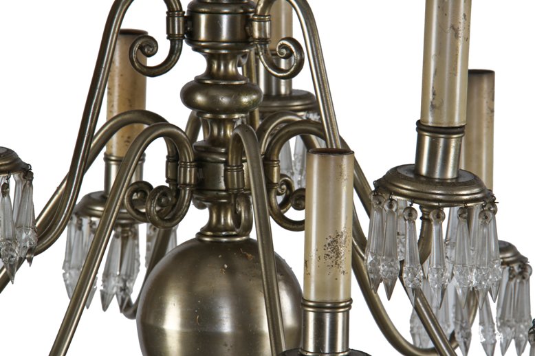 all original early 1920's american 8-arm silver-plated brass metal chicago athletic club annex building chandelier with spearhead crystals