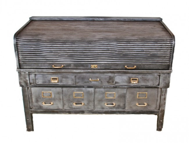 rare early 20th century highly sought after refinished gargantuan chicago athletic association building pressed and folded steel roll top desk with brass handles