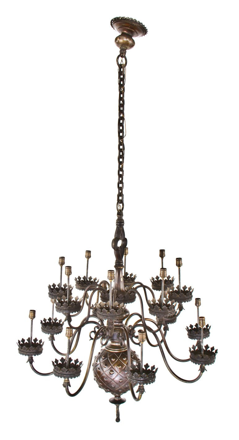 gargantuan c. 1930's heavily ornamented gothic style chicago athletic club reading room 16-arm ceiling patinated brass chandelier