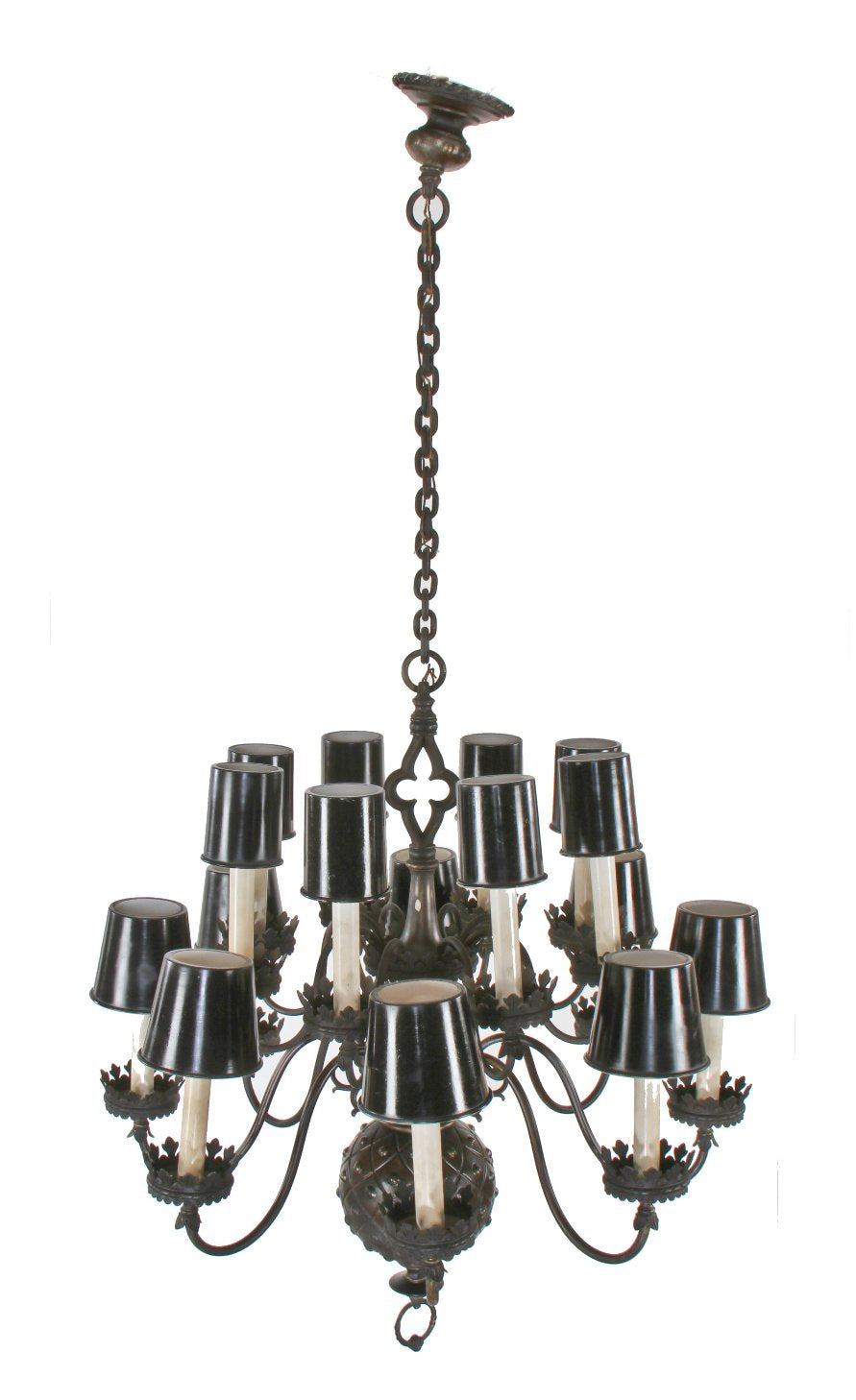 gargantuan c. 1930's heavily ornamented gothic style chicago athletic club reading room 16-arm ceiling patinated brass chandelier