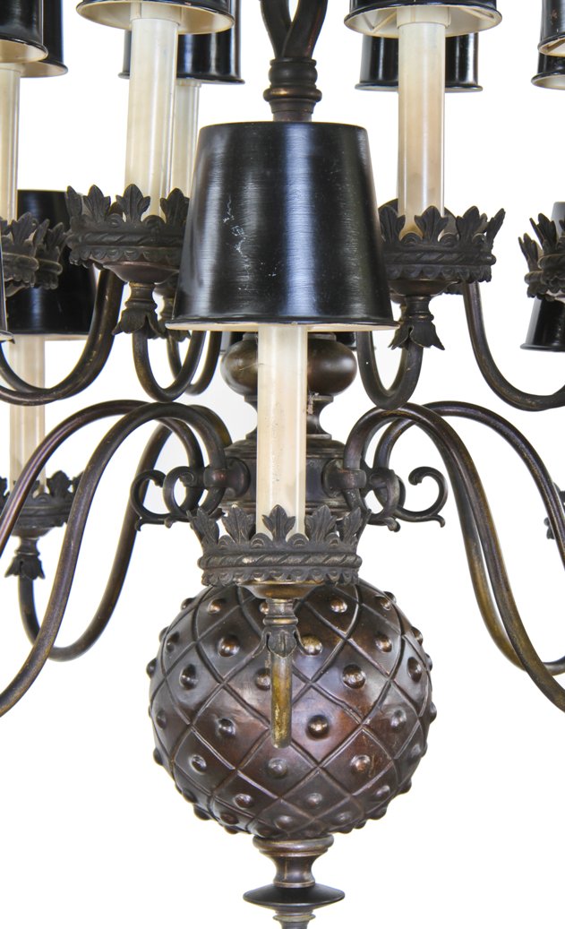 gargantuan c. 1930's heavily ornamented gothic style chicago athletic club reading room 16-arm ceiling patinated brass chandelier
