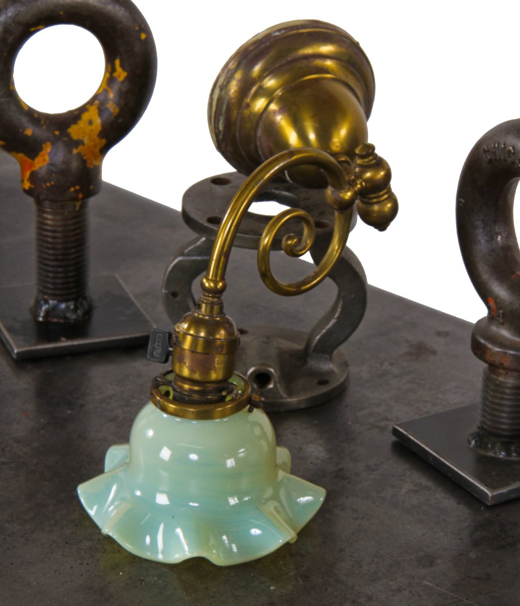 c. 1910-14 american antique ornamental tubular yellow brass swing-arm chicago athletic club billiards room wall sconce with original shade