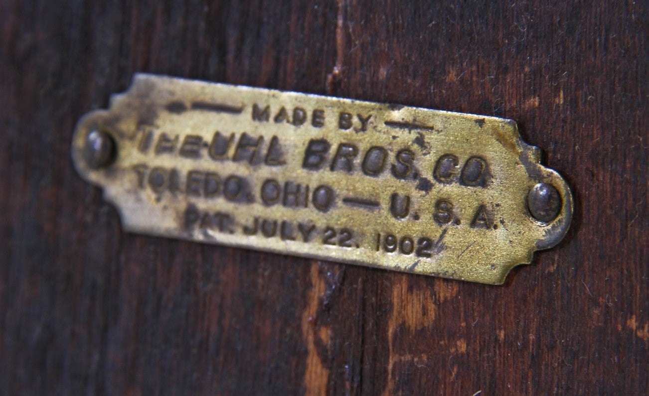 very rare 1903 joseph uhl-designed pressed and folded steel "uhl brothers" soda parlor chairs with original stenciled stamp