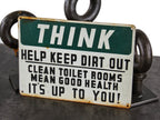 original c. 1930's american industrial single-sided die cut steel factory toilet room "think" safety sign with largely intact enameled finish
