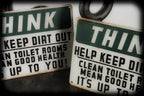 original c. 1930's american industrial single-sided die cut steel factory toilet room "think" safety sign with largely intact enameled finish