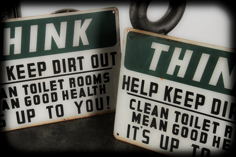 original c. 1930's american industrial single-sided die cut steel factory toilet room "think" safety sign with largely intact enameled finish
