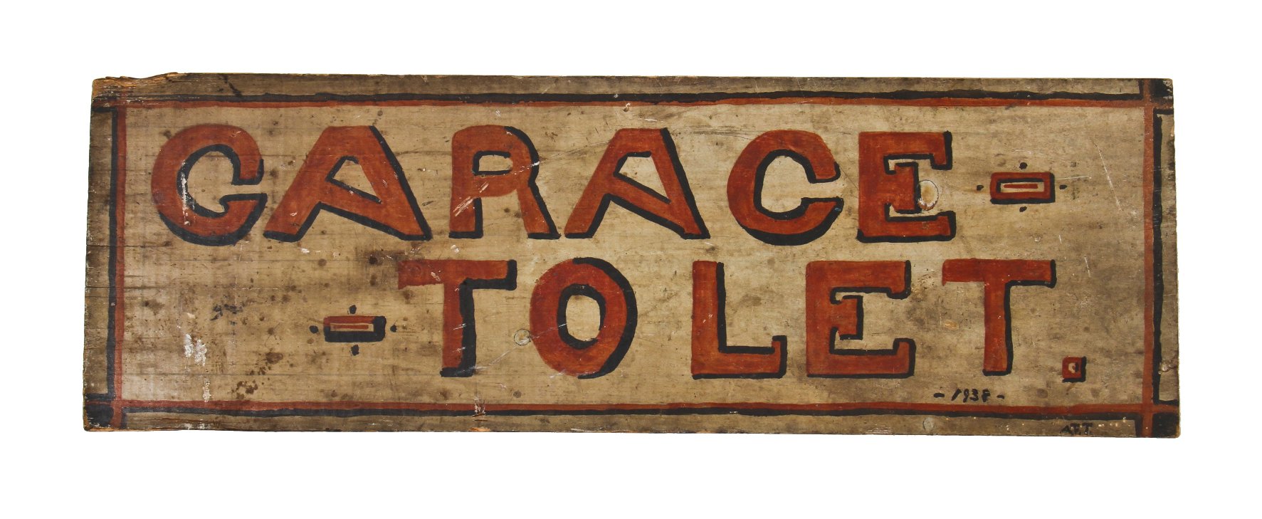 original dated and signed late 1930's american depression era "garage to let" painted wood folk art sign with shadowed lettering
