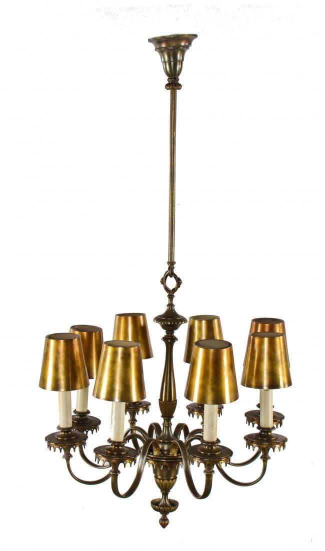 exceptional all original c. 1920's ornamental cast brass 8-arm chicago athletic club association building ceiling fixture with tapered cylindrical-shaped brass shades
