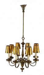 exceptional all original c. 1920's ornamental cast brass 8-arm chicago athletic club association building ceiling fixture with tapered cylindrical-shaped brass shades