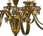 exceptional all original c. 1920's ornamental cast brass 8-arm chicago athletic club association building ceiling fixture with tapered cylindrical-shaped brass shades