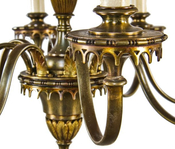exceptional all original c. 1920's ornamental cast brass 8-arm chicago athletic club association building ceiling fixture with tapered cylindrical-shaped brass shades