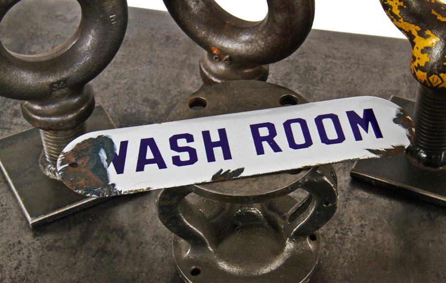 single-sided c. 1930's american flush mount cold-rolled steel porcelain enameled chicago athletic club lavatory door "wash room" sign