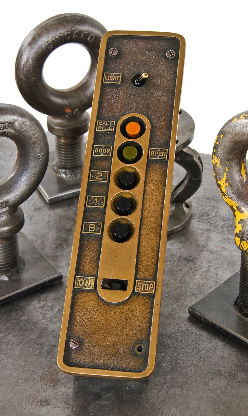 c. late 1930's completely intact american industrial factory freight elevator push button indicator panel with cast iron housing