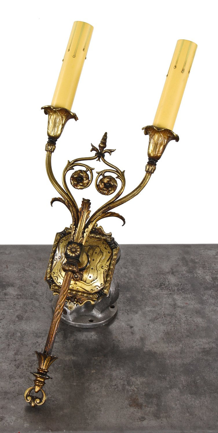 original and remarkably intact early 1920's original american antique salvaged chicago flush mount double arm "electric candle" chicago athletic association building wall sconce with elegant floral motifs