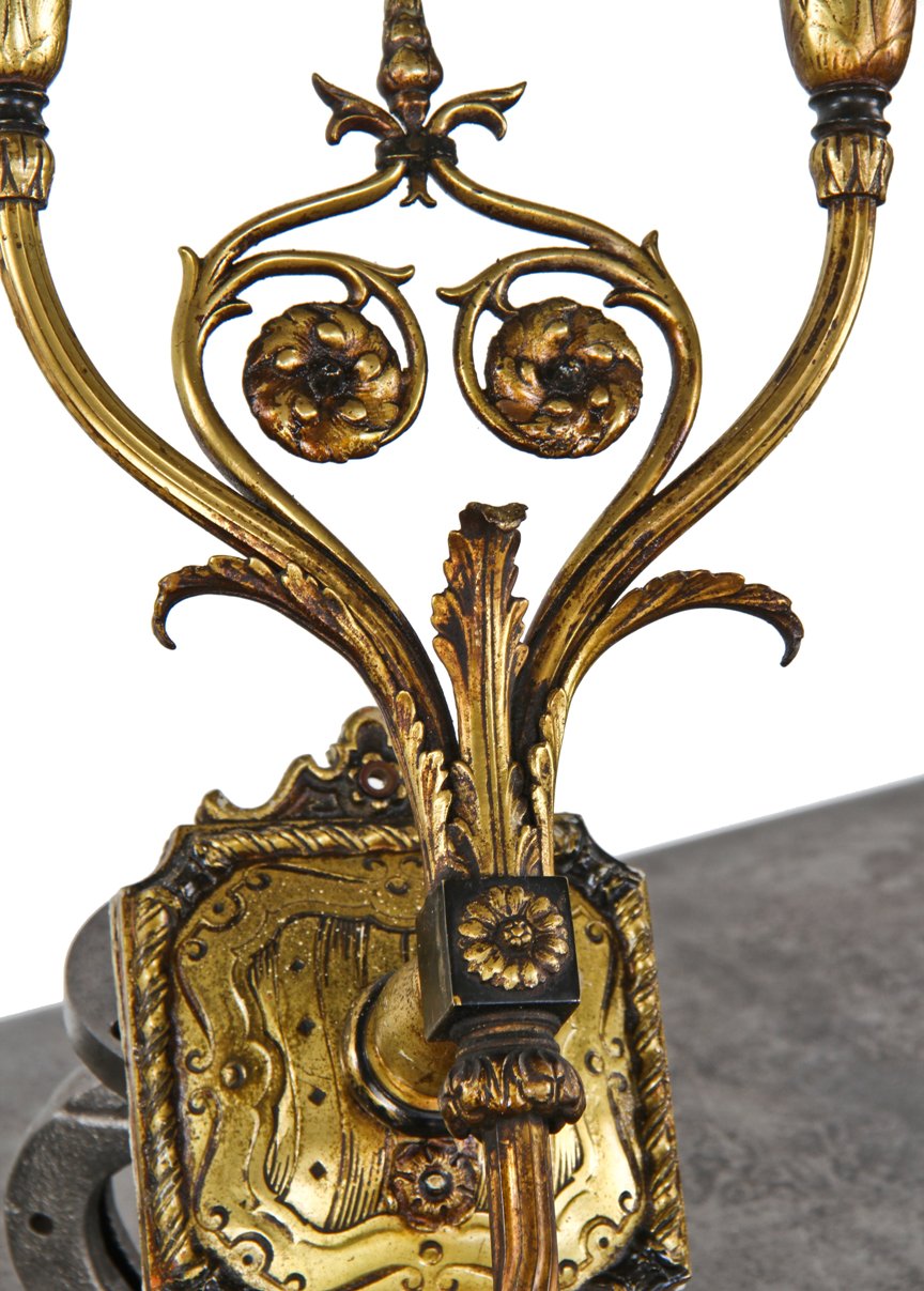 original and remarkably intact early 1920's original american antique salvaged chicago flush mount double arm "electric candle" chicago athletic association building wall sconce with elegant floral motifs