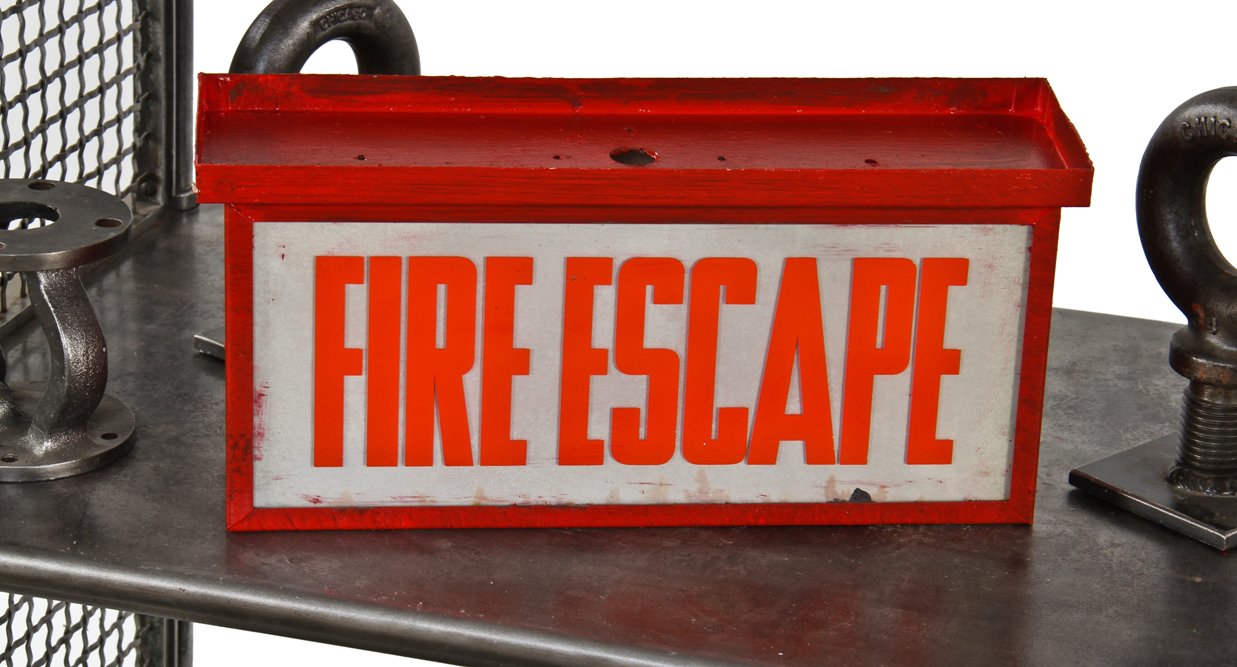 single-sided original and fully functional illuminated ceiling or wall-mount "fire escape" electric can sign with orange enameled lettering