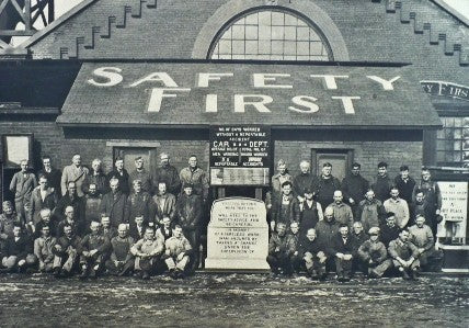 late 1930's original american antique industrial rectangular-shaped die cut steel "keep gates closed" die cut steel safety first sign from an a. finkl foundry outbuilding