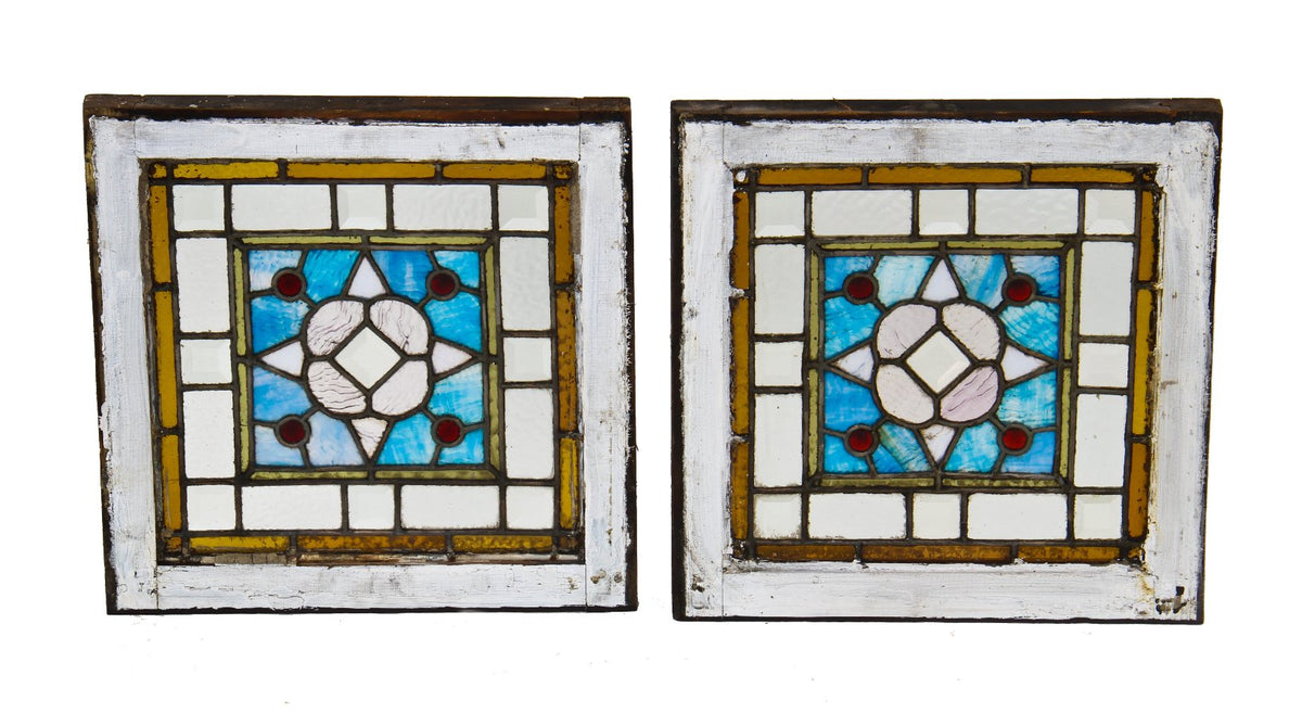 matching set of original 19th century american antique art glass residential "sidelight" windows with centrally located floral motifs
