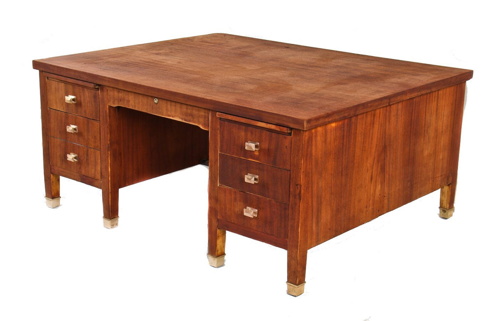 rare c. 1920's oversized chicago police station detective mahogany wood double-sided partner desk with original bronze hardware