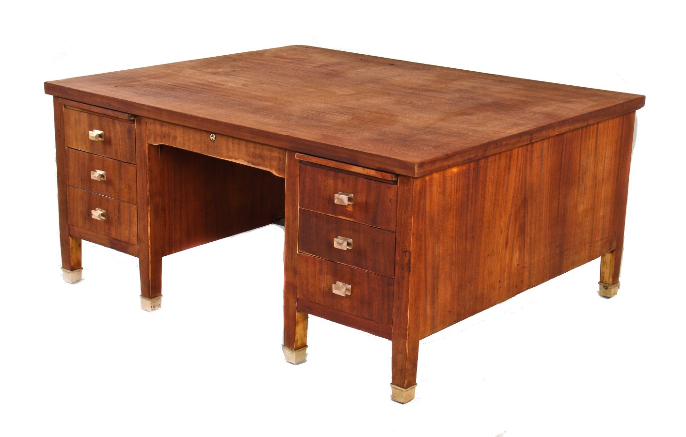rare c. 1920's oversized chicago police station detective mahogany wood double-sided partner desk with original bronze hardware
