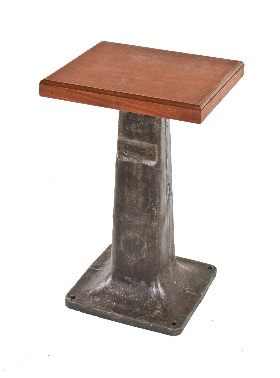 c. 1930's brushed cast iron repurposed stationary pedestal base occasional table with newly added beveled edge walnut tabletop